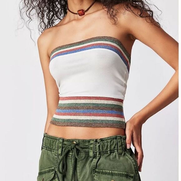 NWOT Free People Rainbow Tube Top Cropped Strapless XS Retro Striped Artsy - Picture 1 of 10